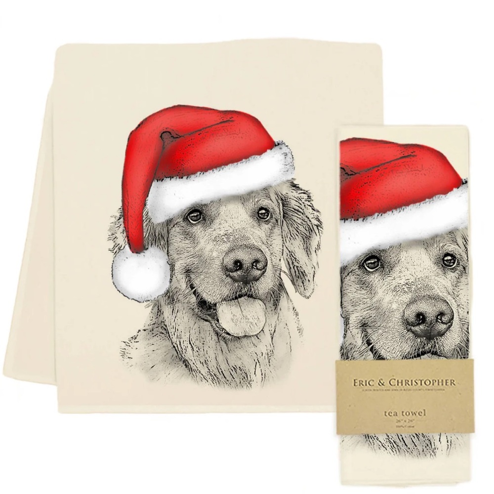 NWT Christmas Santa Golden Retriever Dog Printed Tea Towel